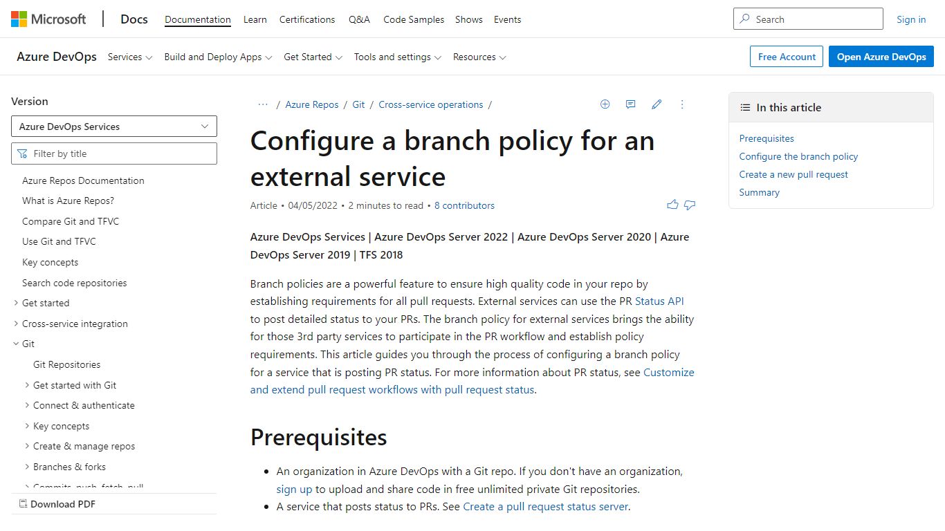 Configure a branch policy for an external service - Azure Repos